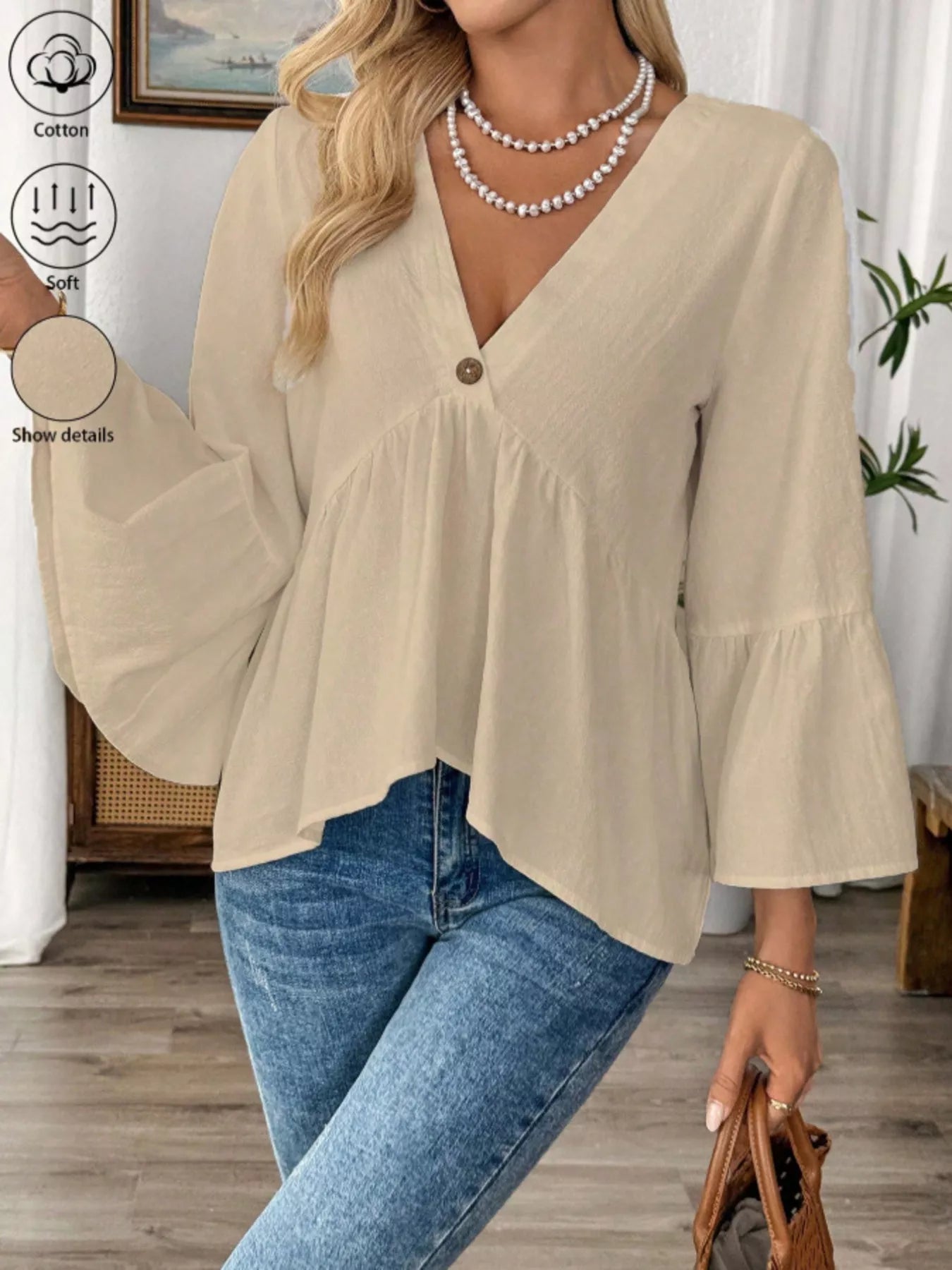 V-Neck Bell Sleeve Blouse 