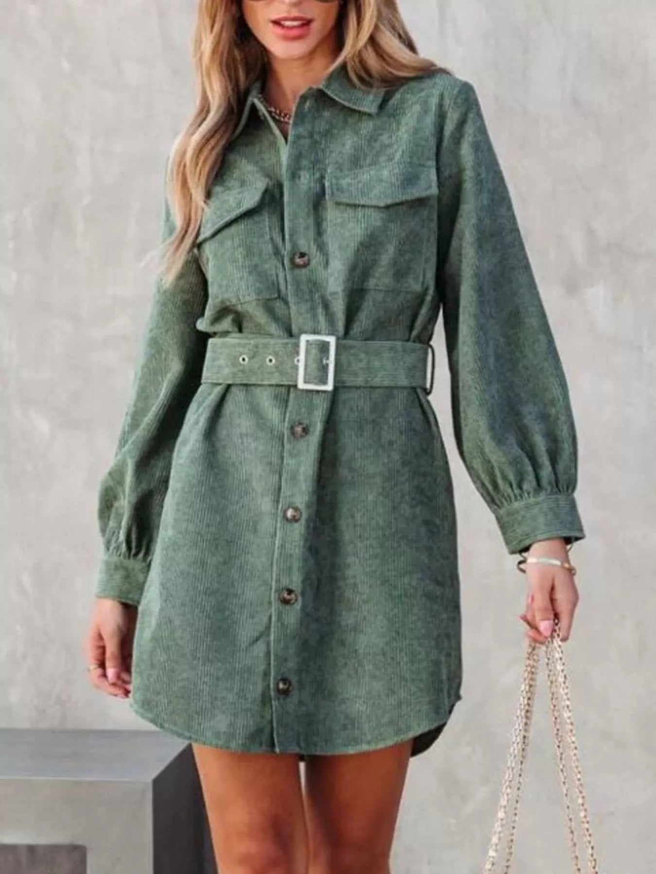 Button Front Belt Long Sleeve Corduroy Dress 