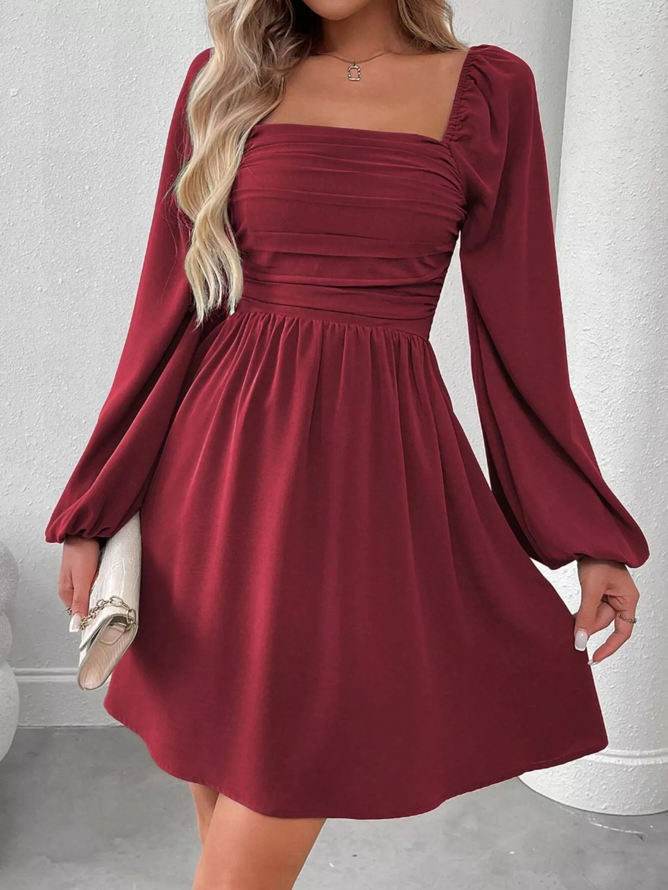 Ruched Square Neck Long Sleeve A-Line Dress 