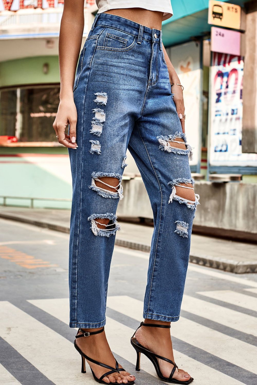 Distressed High Waist Straight Jeans 
