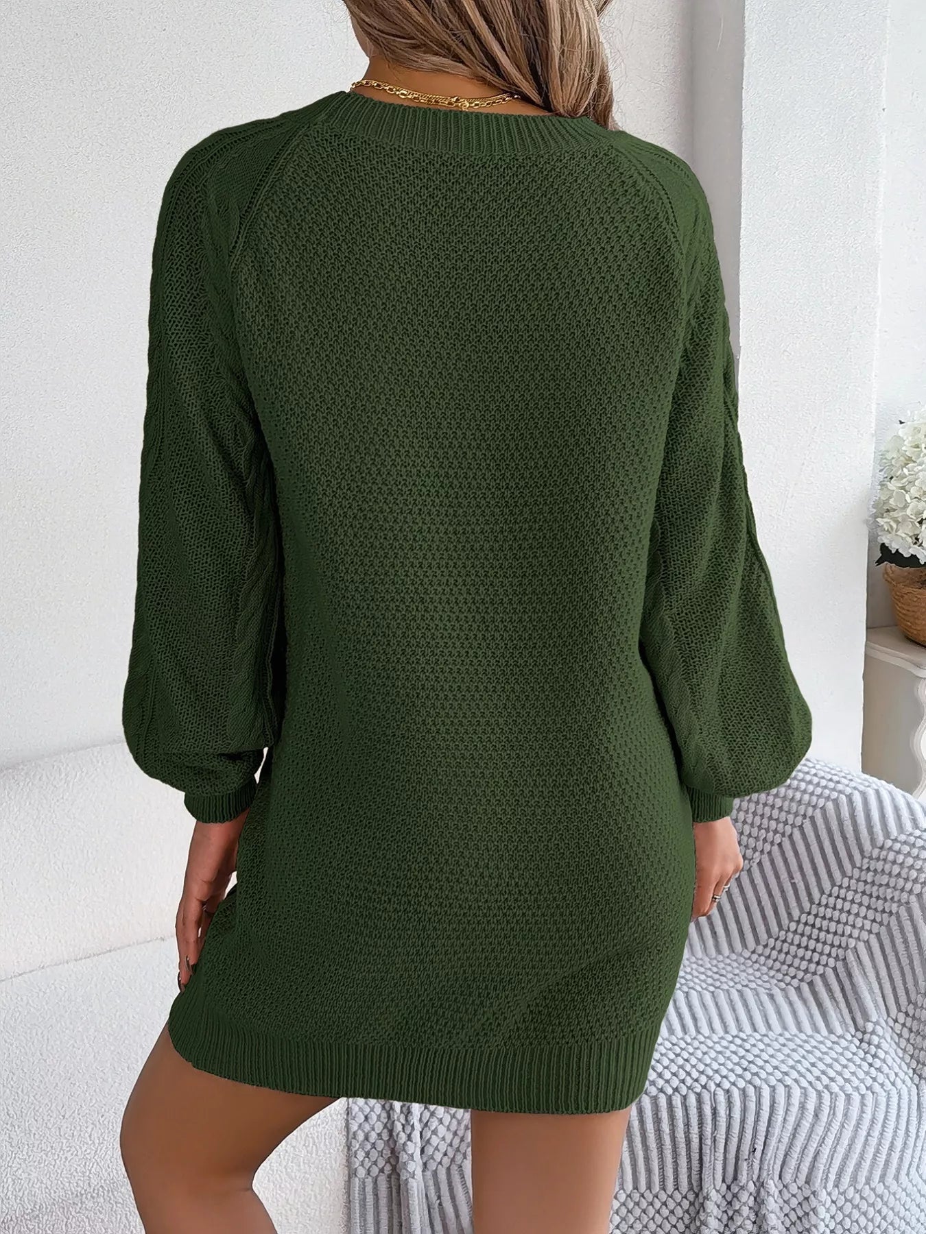 Diamond Cable Knit Sweater Dress with Long Sleeves 