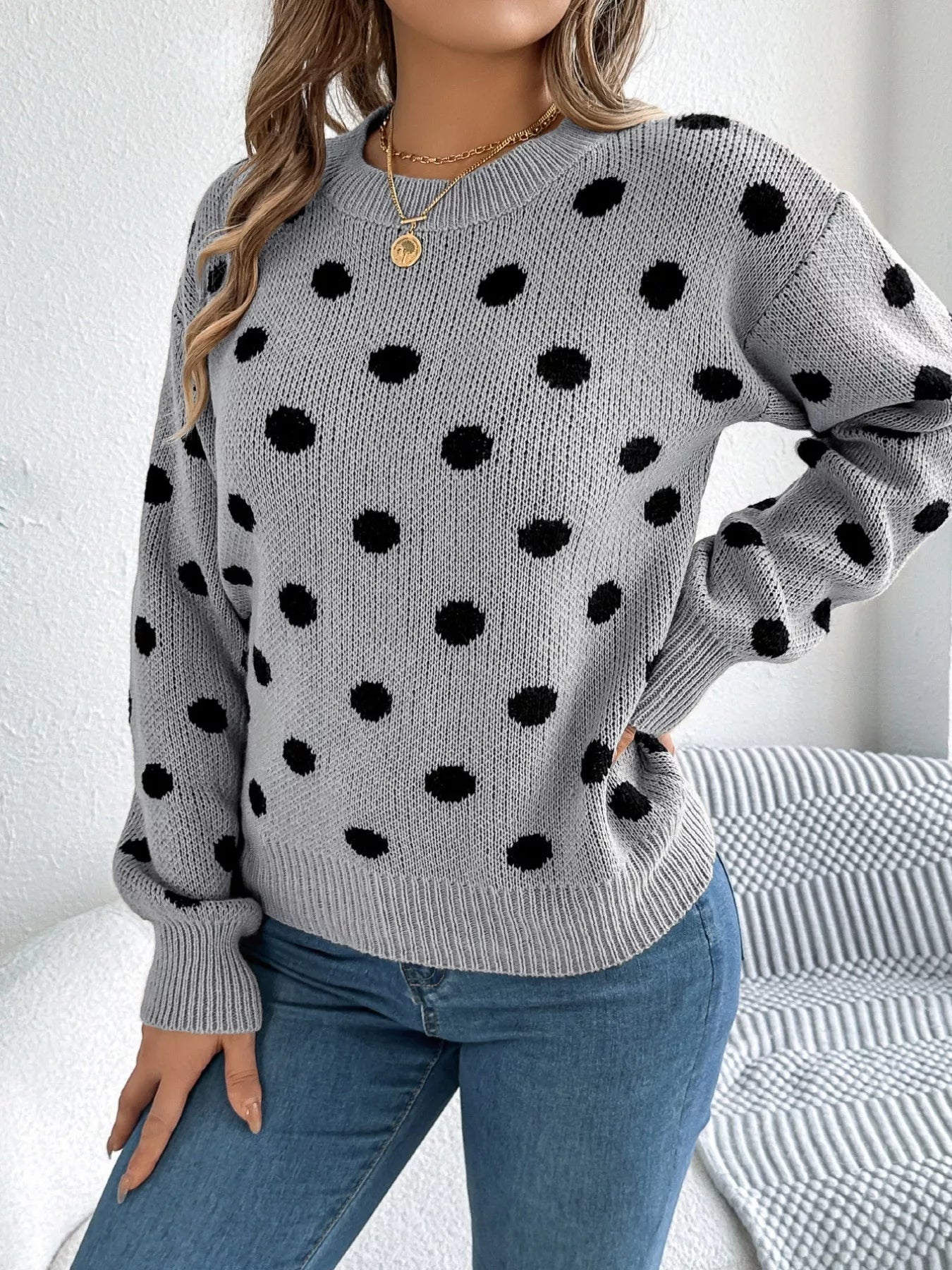 Polka Dot Round Neck Sweater 