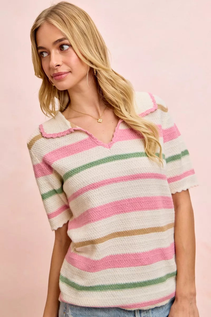 BiBi Multi Colors Stripes Collared Knit Top 