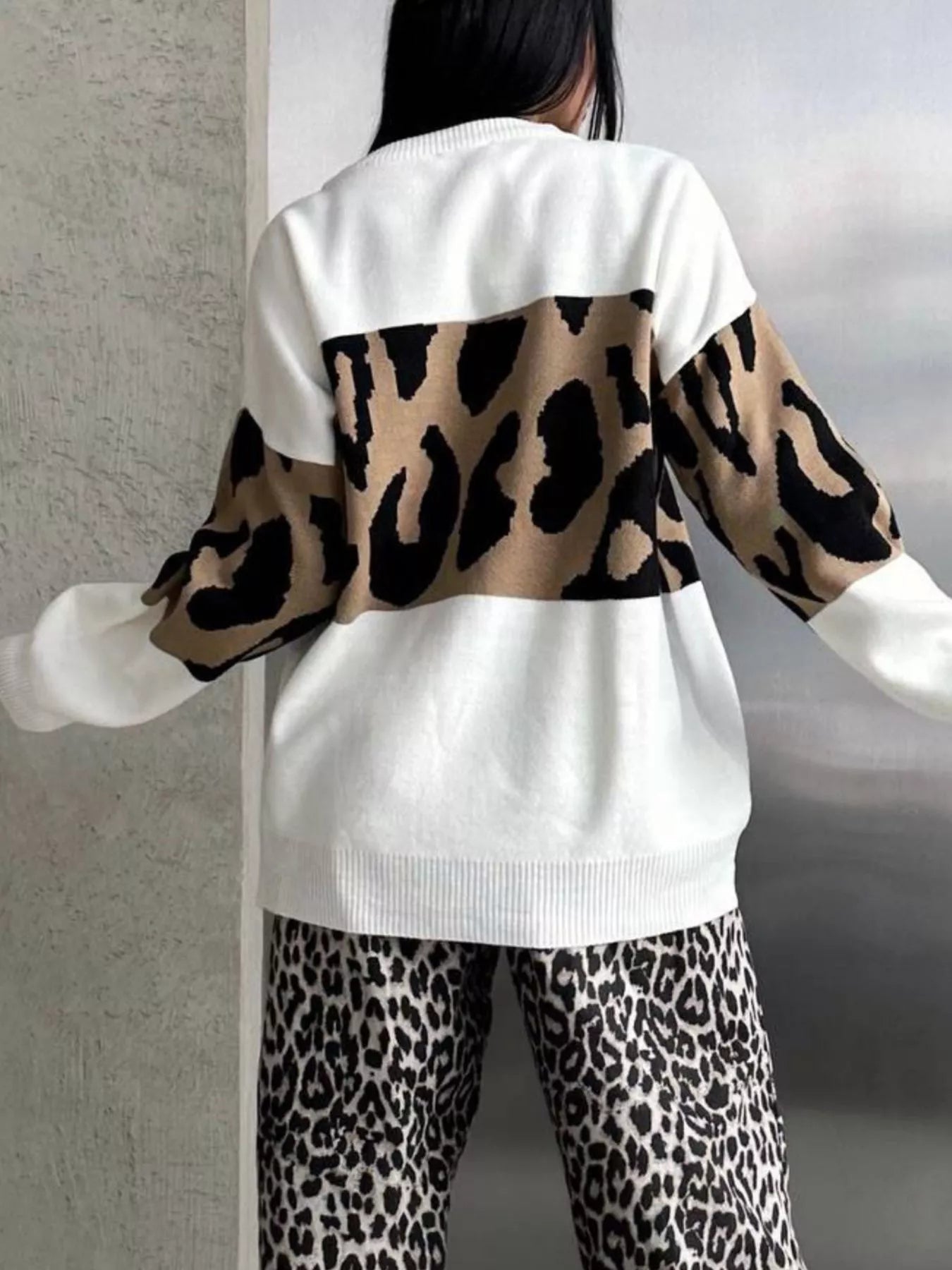 Leopard Color Block Round Neck Sweater 