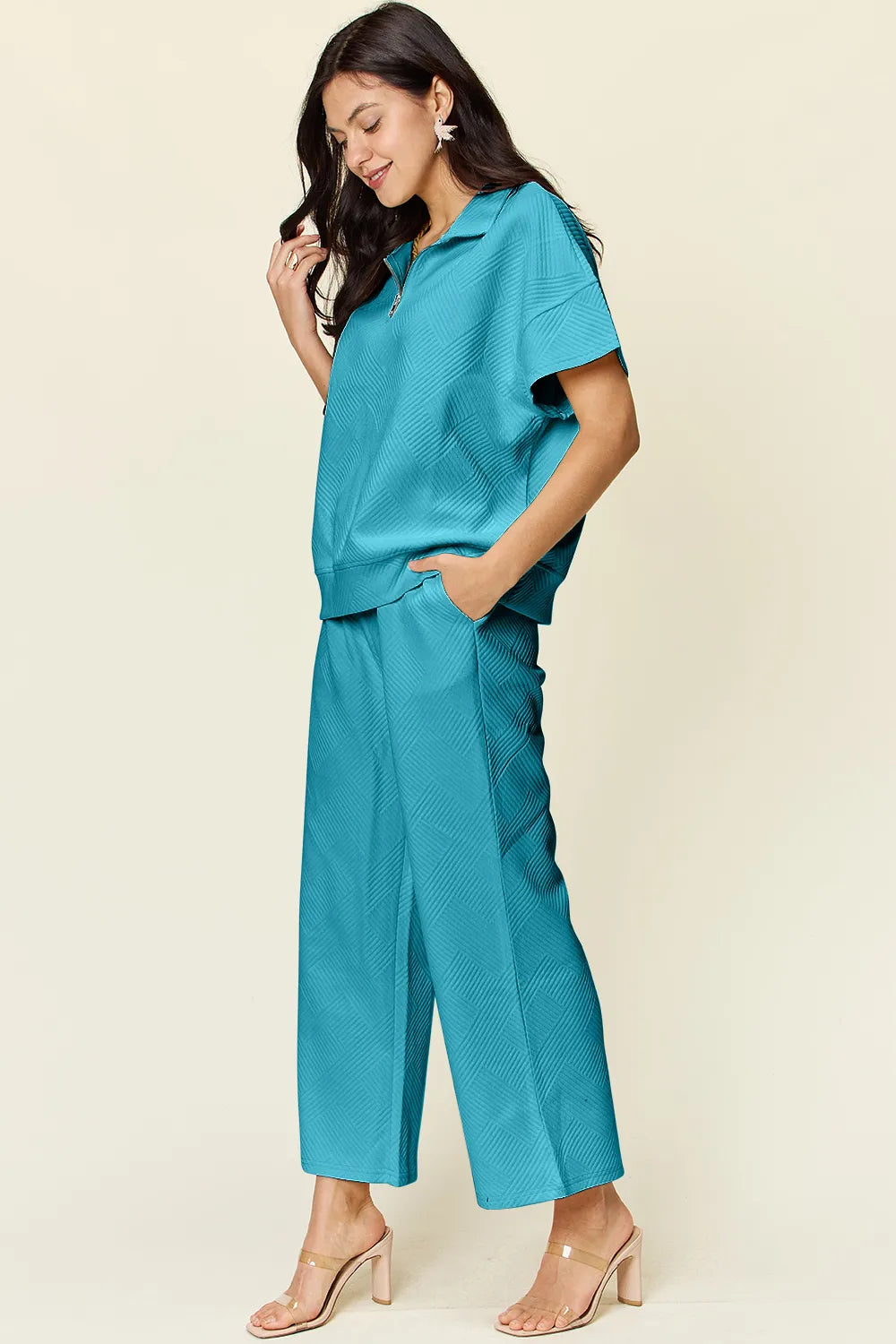 Double Take Full Size Texture Half Zip Short Sleeve Top and Pants Set 