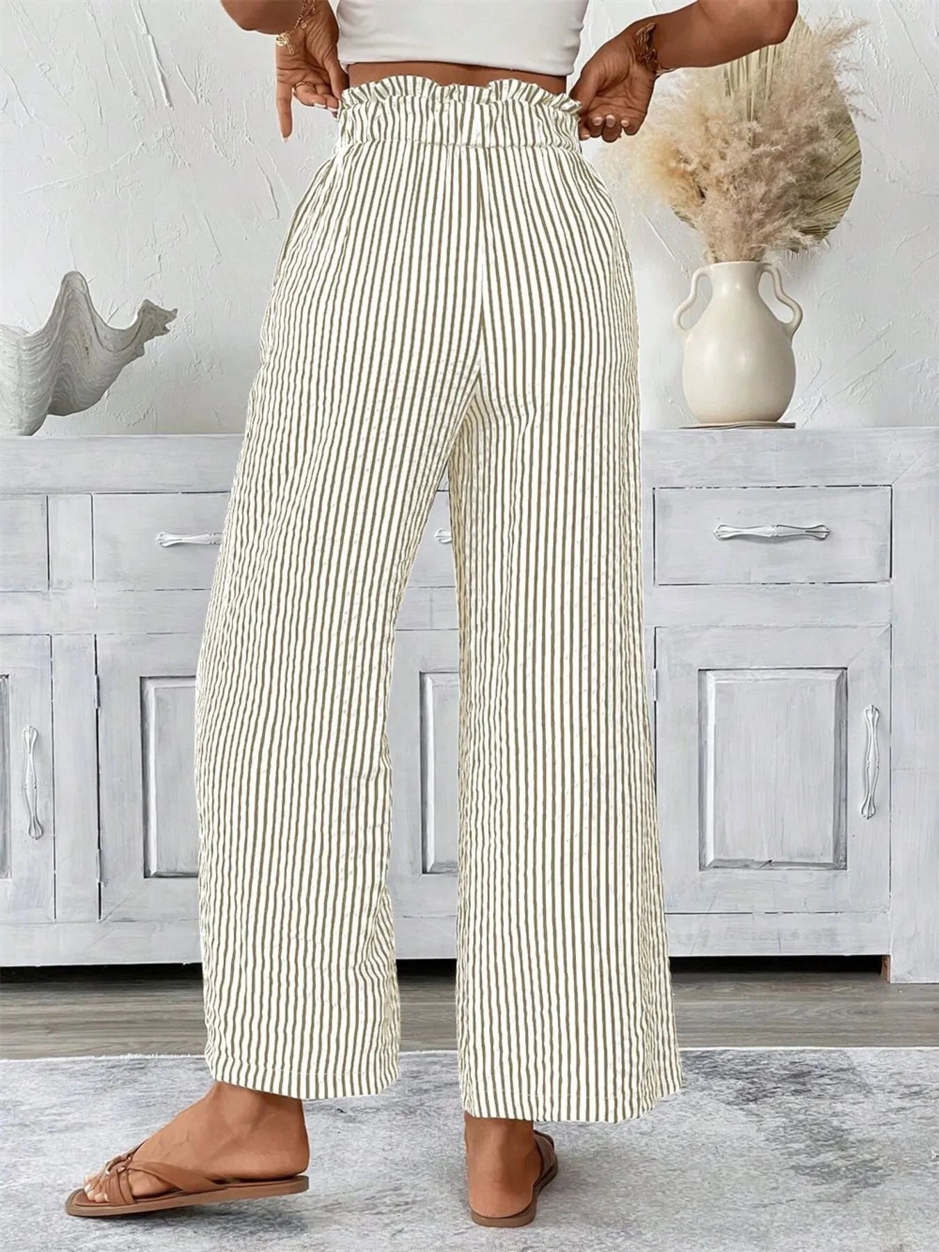Full Size Striped Wide Leg Paper Bag Pants Plus Size 