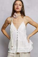POL Button Front V-Neck Ruffled Cami with Pintuck Accents 