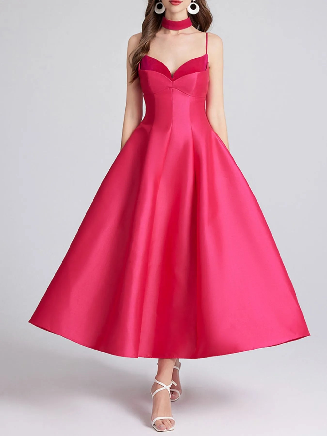 Sweetheart Spaghetti Strap Midi Dress with Collar 