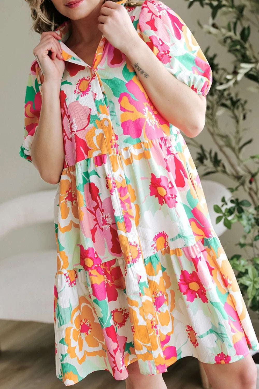 Button Down Floral Puff Sleeve Babydoll Dress 