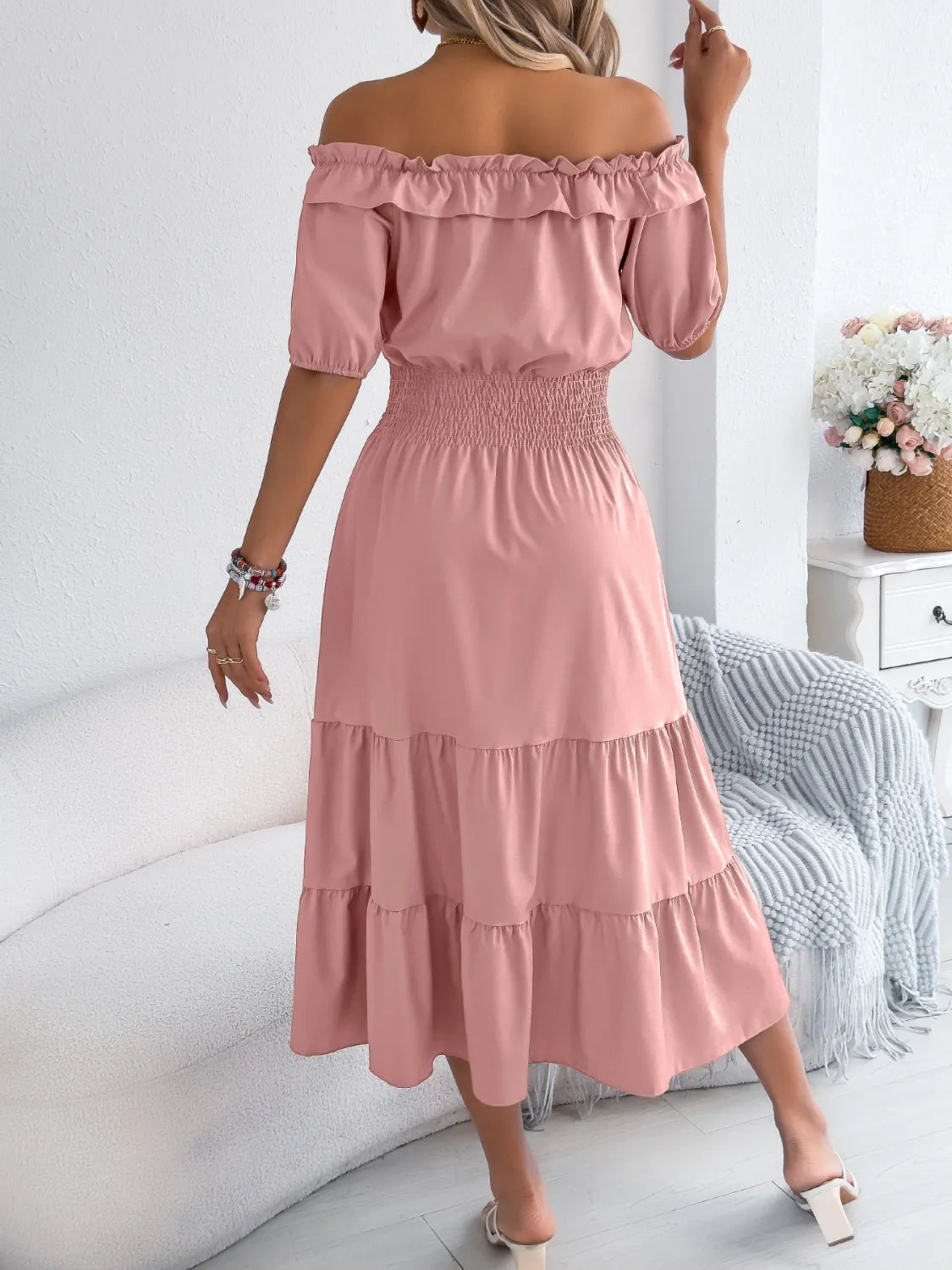 Smocked Off-Shoulder Tiered Dress 