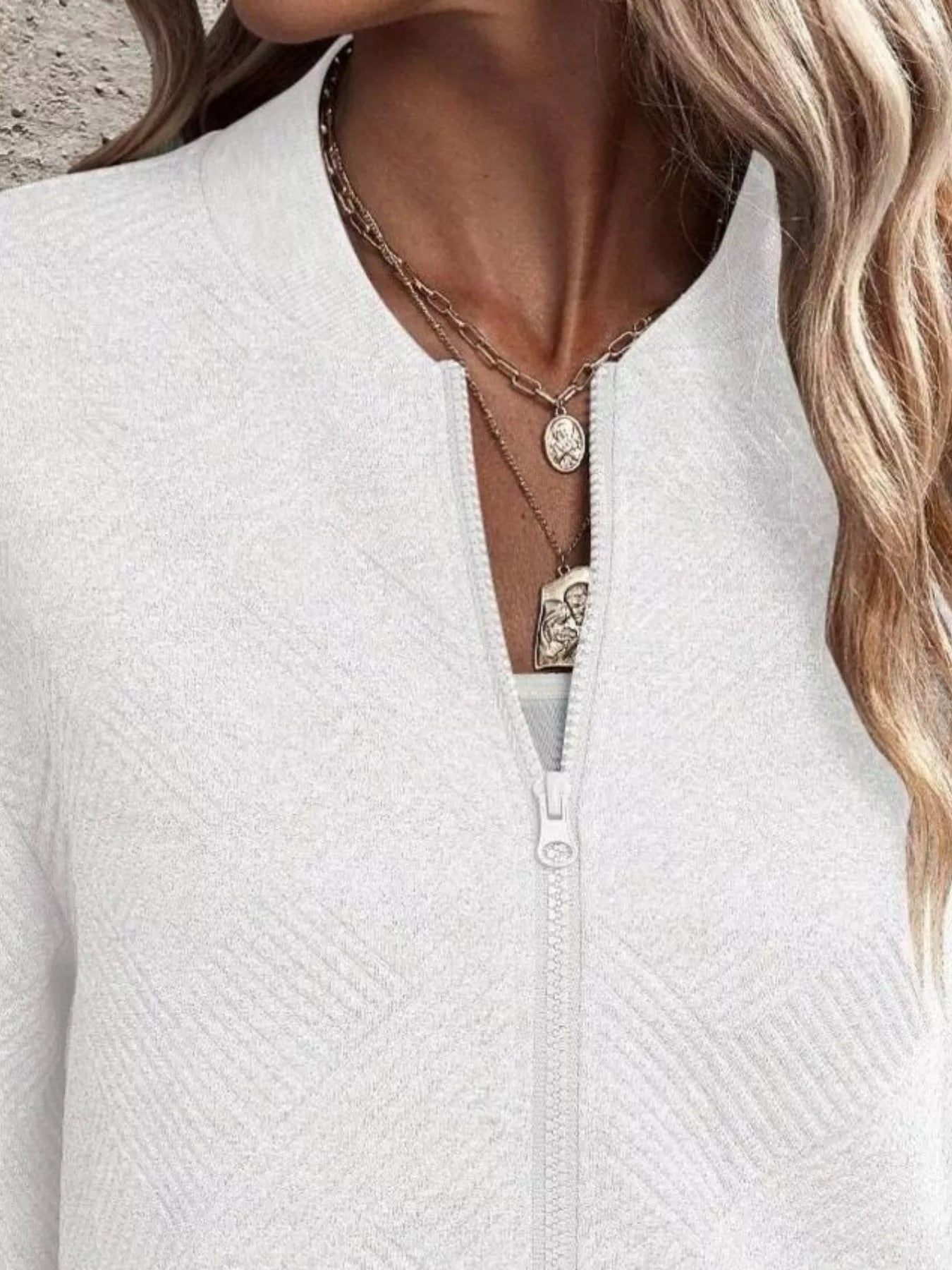 Full Size Zip Up Long Sleeve Textured Jacket Plus Size 