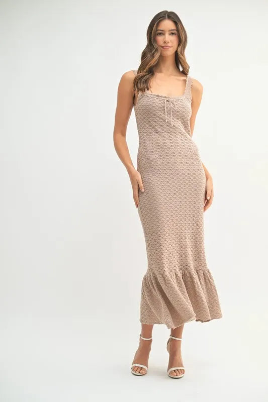 MABLE Ruffled Hem Sleeveless Crochet Knit Midi Dress 