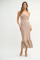 MABLE Ruffled Hem Sleeveless Crochet Knit Midi Dress 