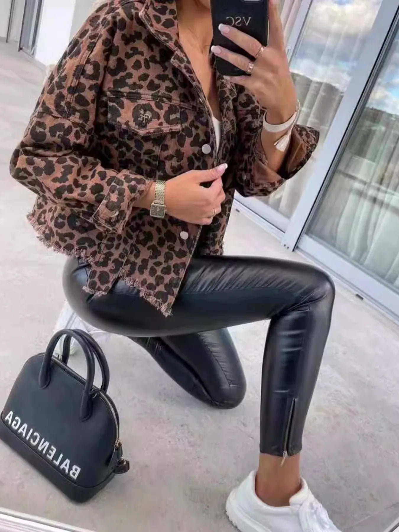 Leopard Print Raw Hem Denim Jacket 
