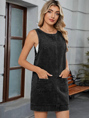 Round Neck Denim Overall Dress 