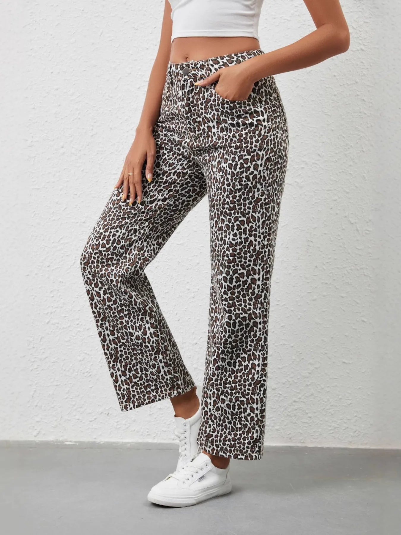Leopard Print Wide Leg Jeans 