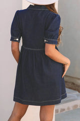 Collared Neck Half Zip Denim Dress 