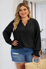 Plus Size Eyelet Notched Flounce Sleeve Blouse 