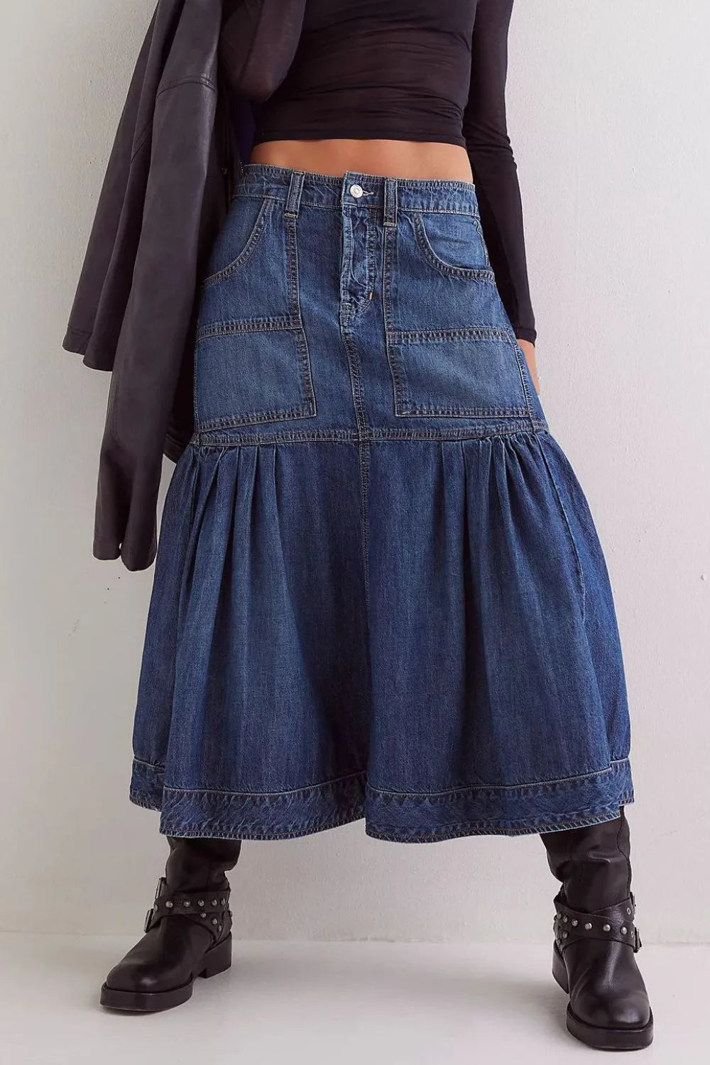 Midi Denim Skirt with Pockets 
