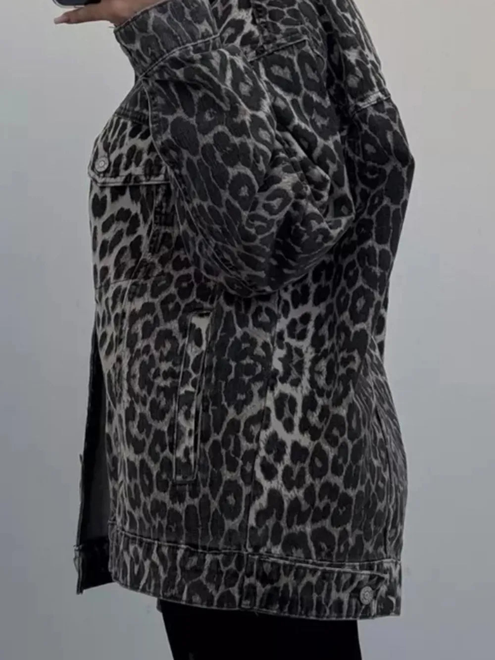 Leopard Button Up Long Sleeve Denim Top 