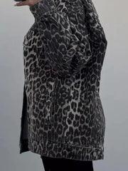 Leopard Button Up Long Sleeve Denim Top 