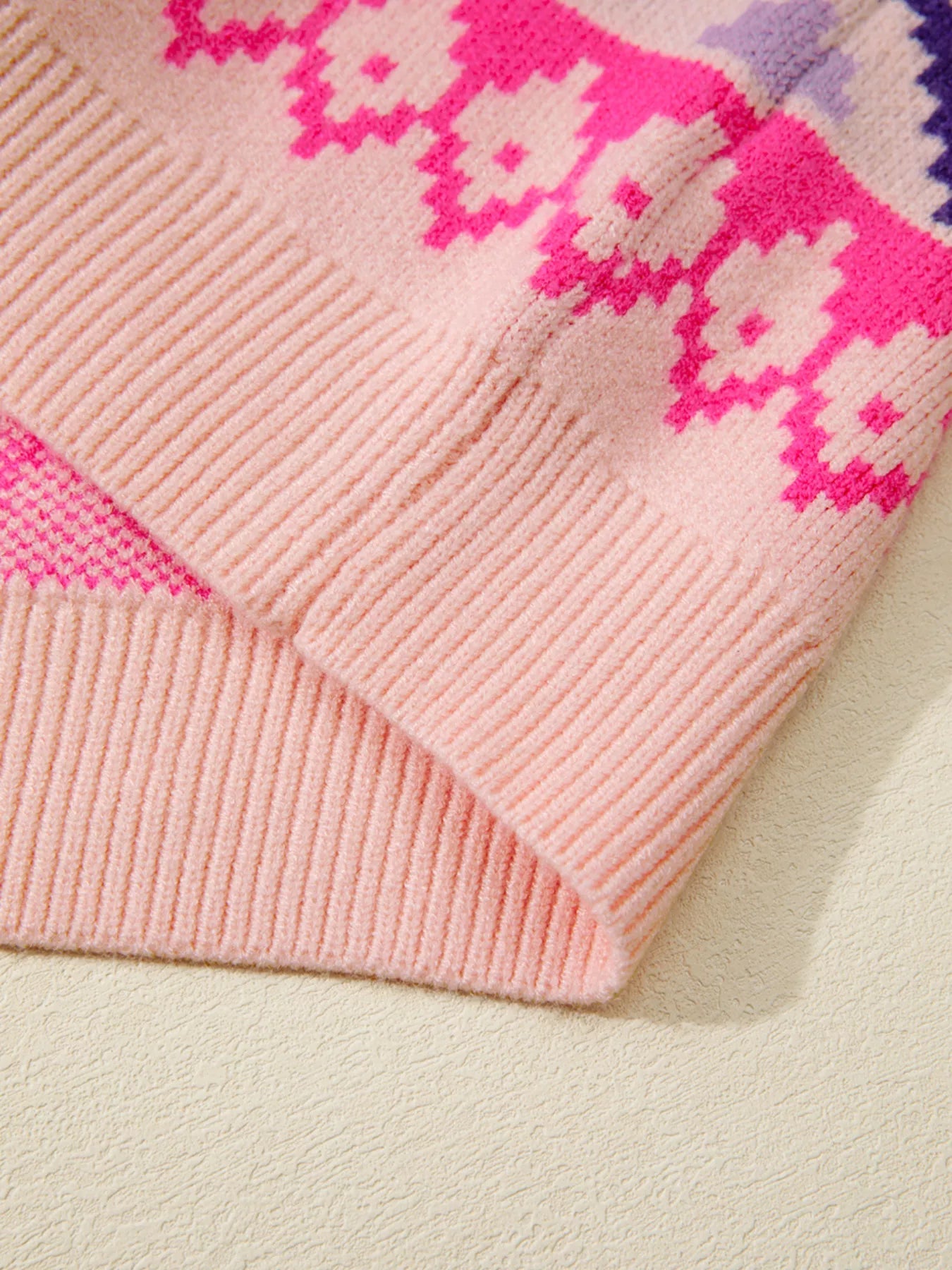 Multicolour Ethnic Christmas Pattern Knit Feather Cuffed Sweater 