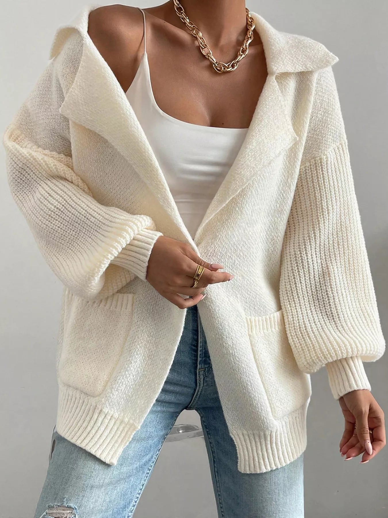 Solid Color Knit Lapel Collar Single Button Sweater Cardigan 