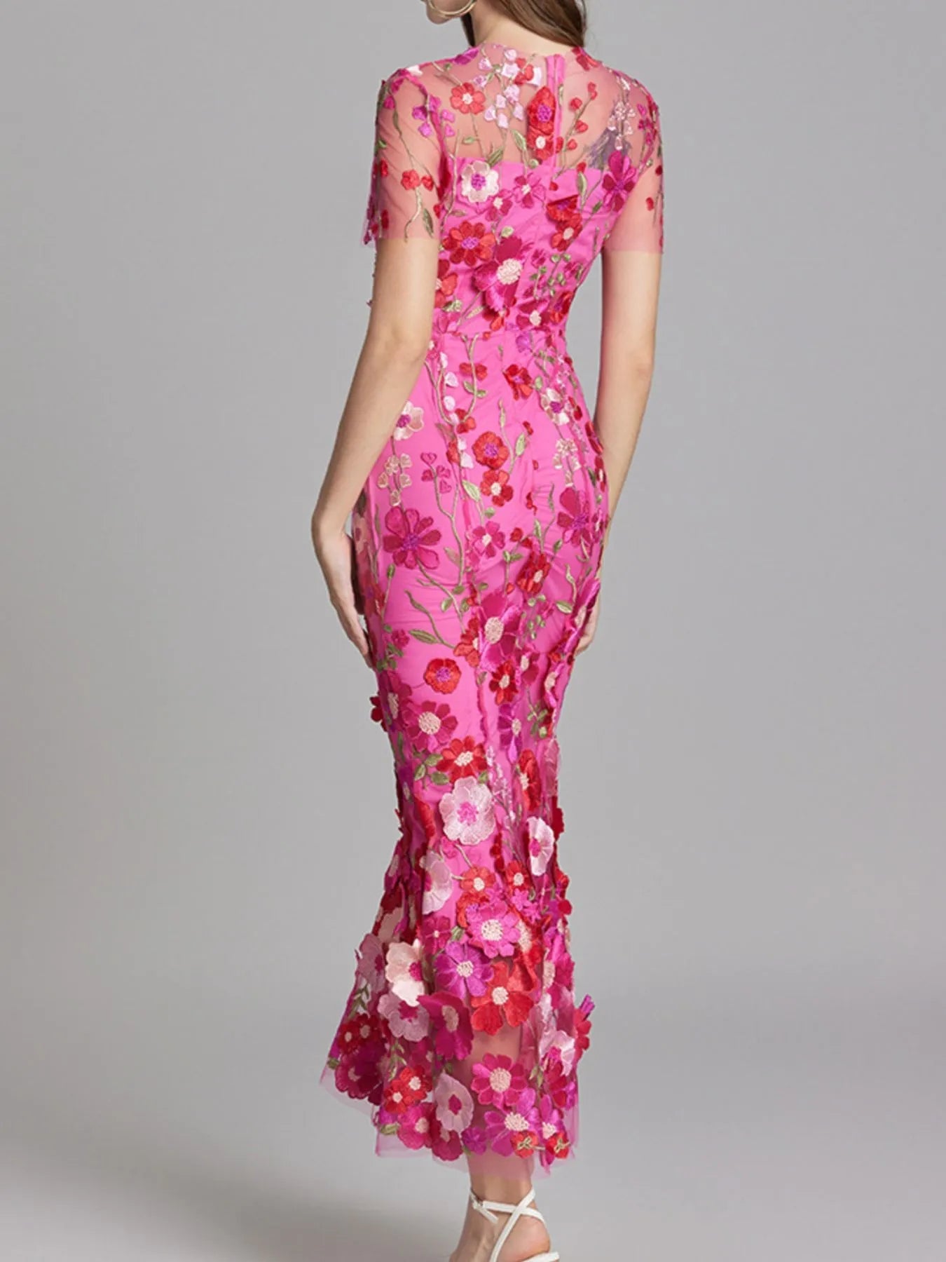 Floral Embroidered Mesh Overlay Maxi Dress 
