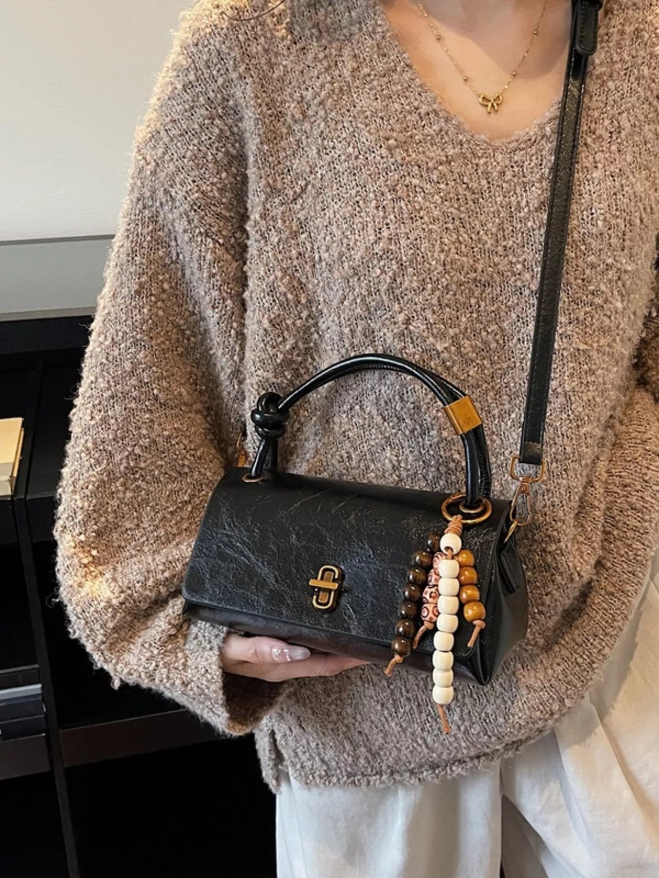 Leather Crossbody Bag with Bead Charm 