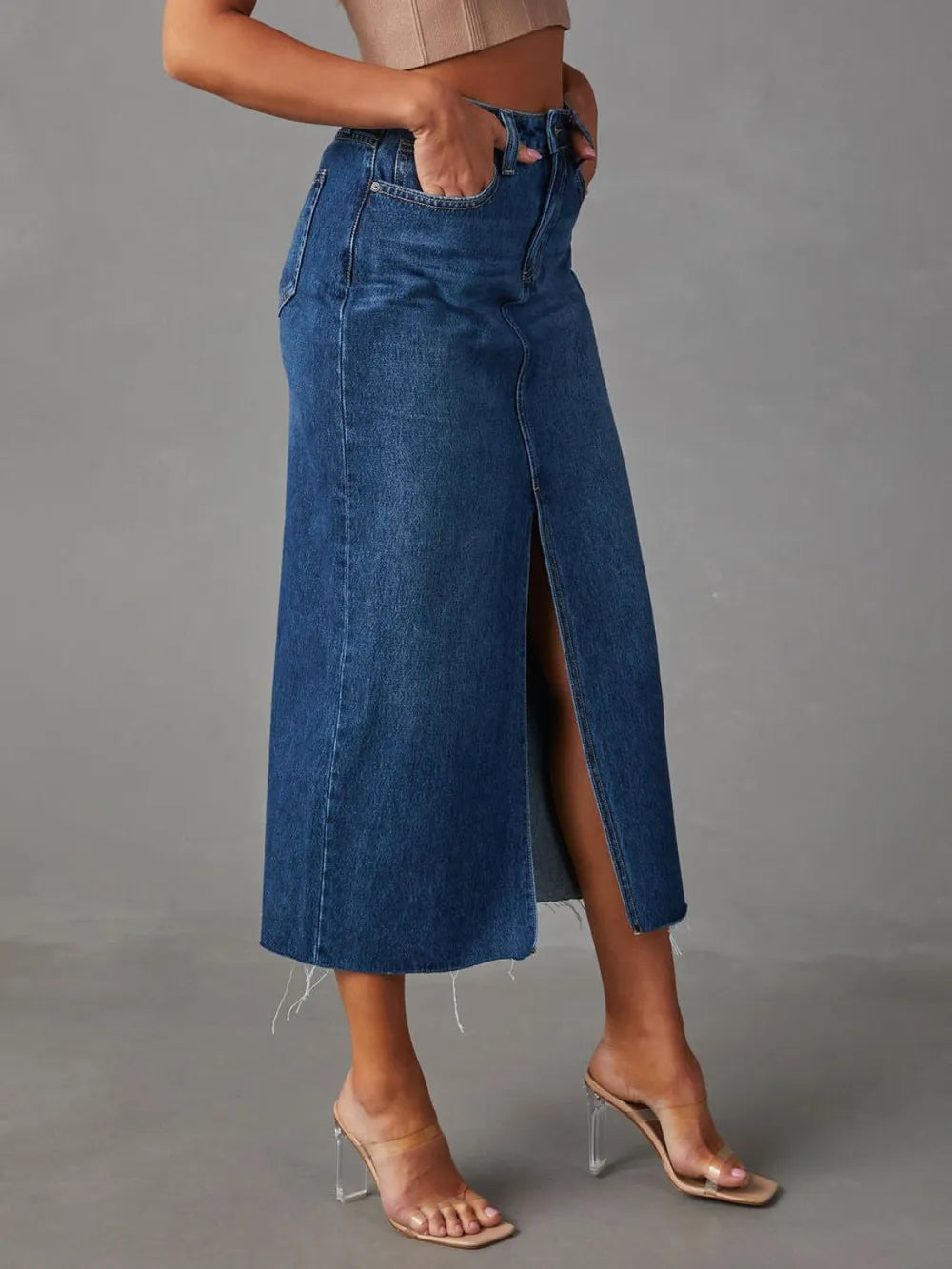 Raw Hem Front Slit Denim Midi Skirt 