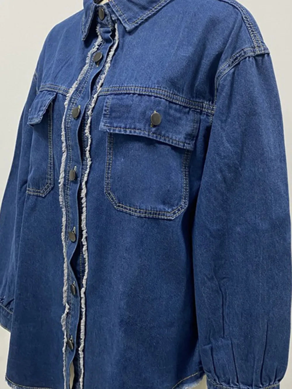 Pocketed Collared Neck Long Sleeve Denim Shirt 