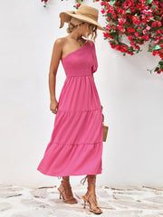 Smocked One-Shoulder Midi Dress 