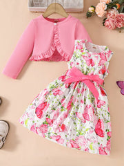 Children's Butterfly Print Sleeveless Dress with Cardigan Set 