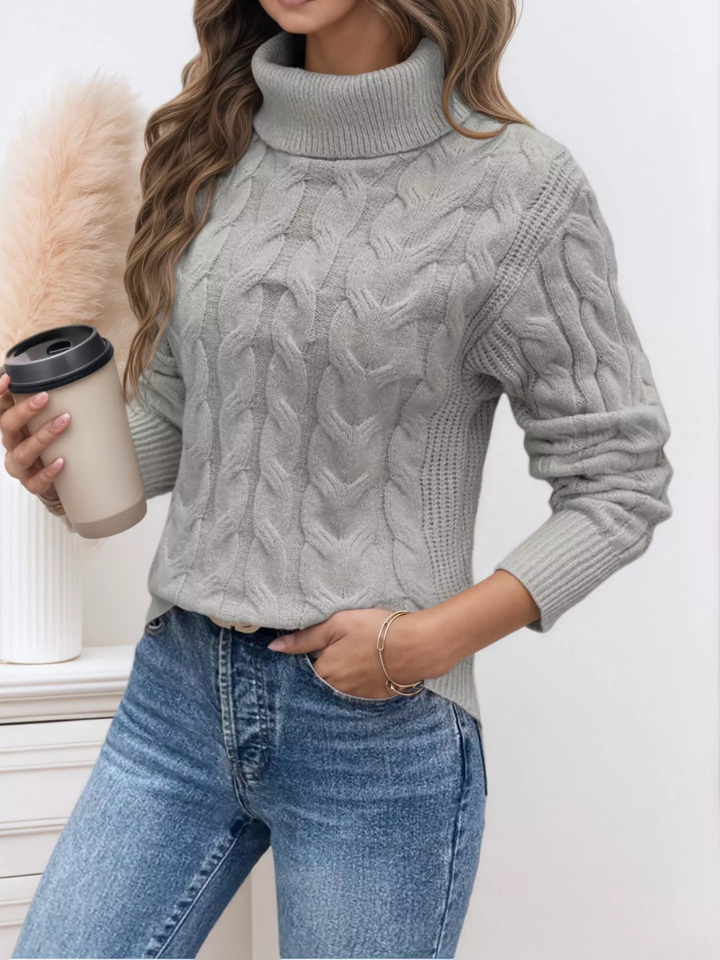 Cable Knit Turtleneck Long Sleeve Sweater 