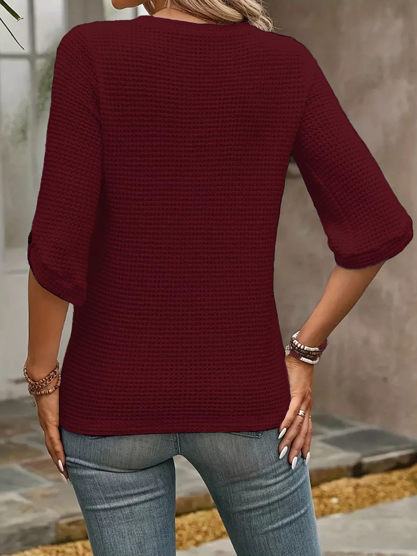 Textured Waffle Knit Three-Quarter Sleeve T-Shirt 