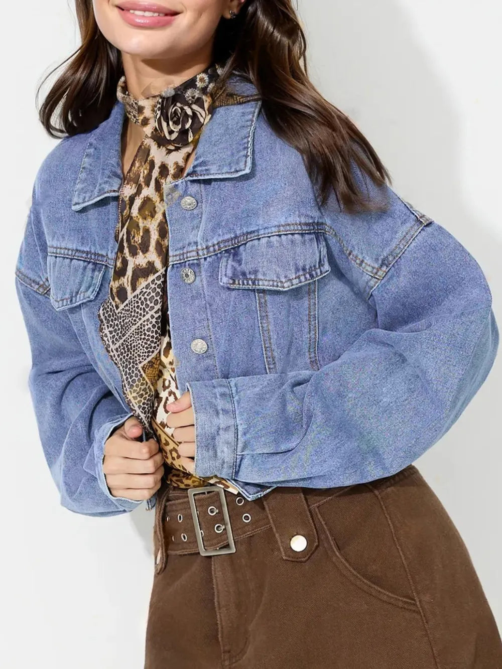Collared Neck Dropped Shoulder Cropped Denim Top 