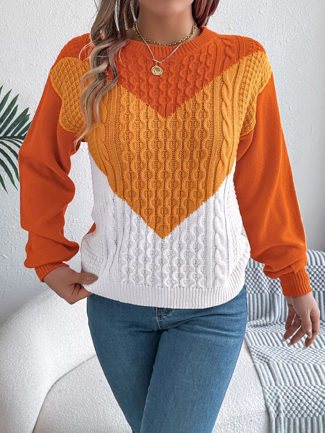 Color Block Cable Knit Sweater 