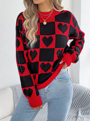 Heart Checkerboard Pattern Round Neck Sweater 