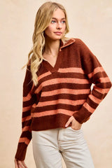 BiBi Striped Sweater Top with Collar Stitched Details 