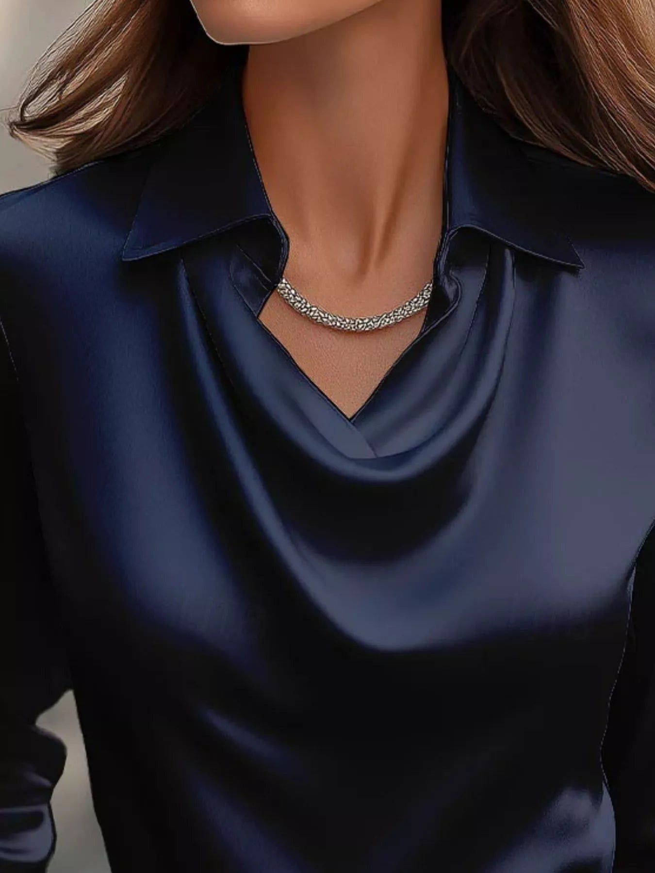Ruched Long Sleeve Drape Collar Blouse 