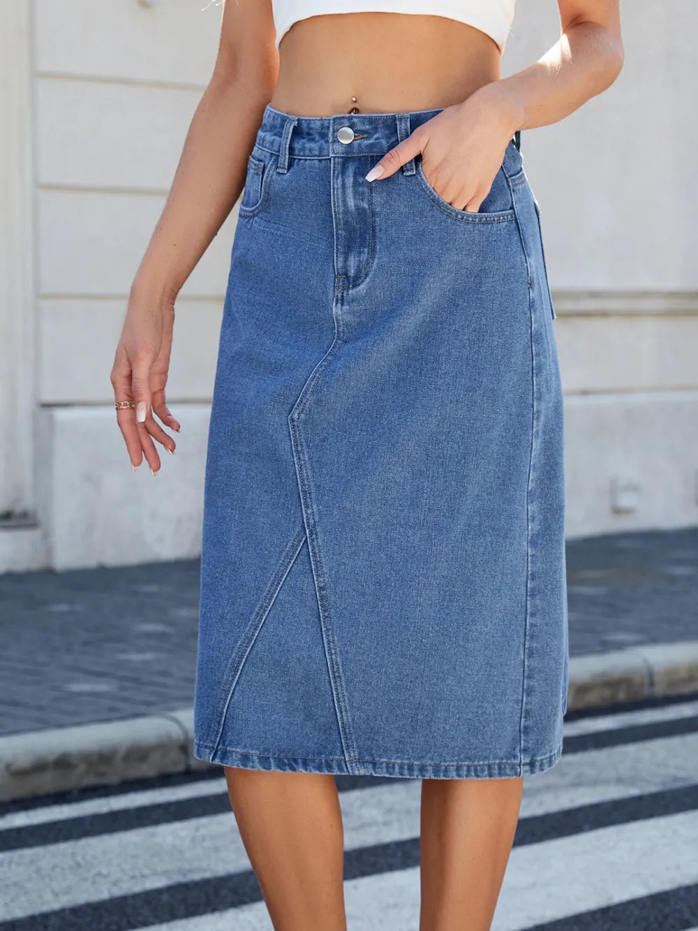 Slit Back Midi Denim Skirt 