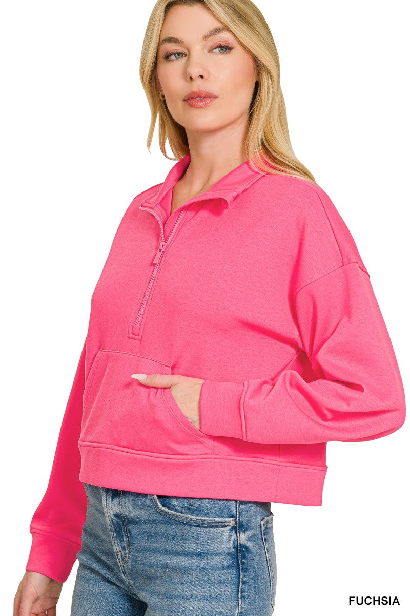 Zenana Scuba Half Zip Pullover With Kangaroo Pockets 