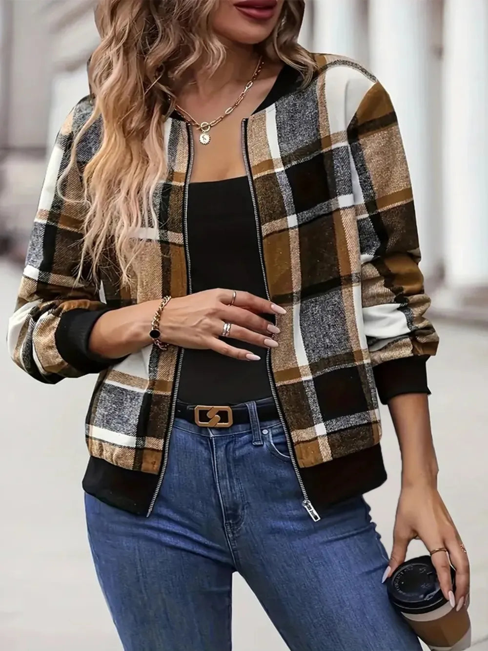 Plus Size Plaid Baseball Collar Zip Up Jacket 