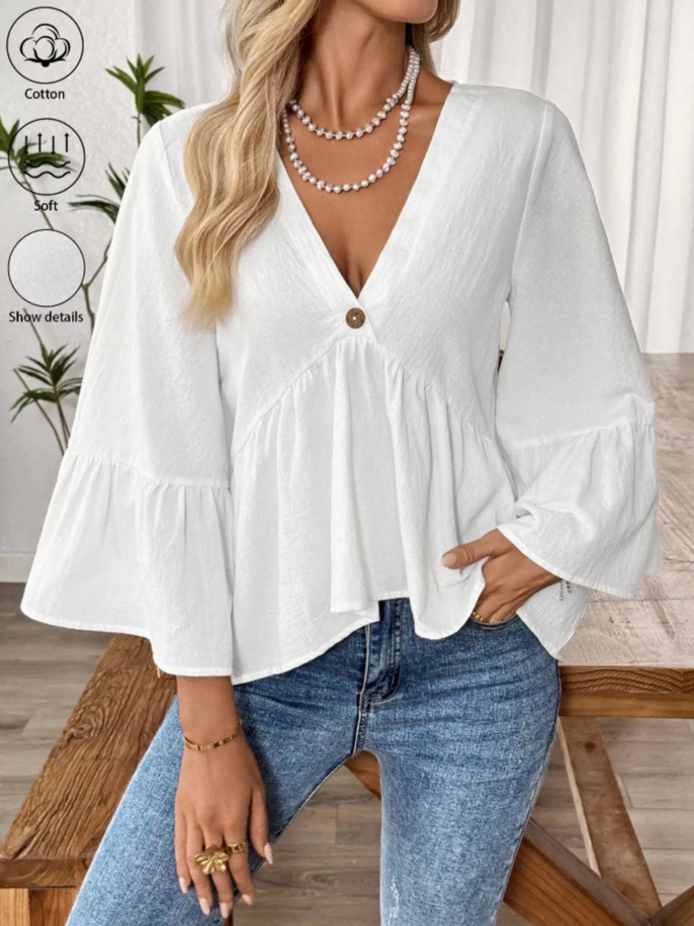 V-Neck Bell Sleeve Blouse 