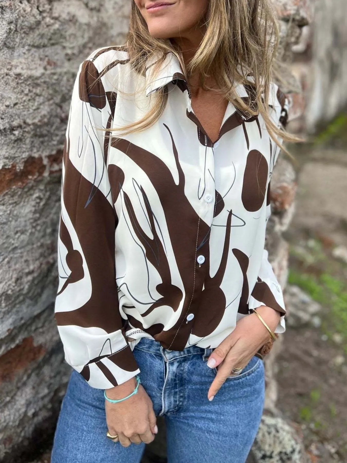 Full Size Abstract Print Long Sleeve Button-Up Shirt Plus Size 