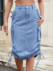 Drawstring Denim Skirt with Cargo Pockets 