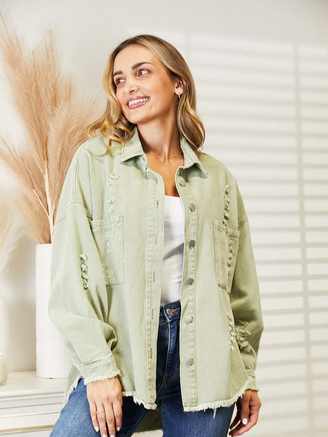 Distressed Raw Hem Denim Jacket 