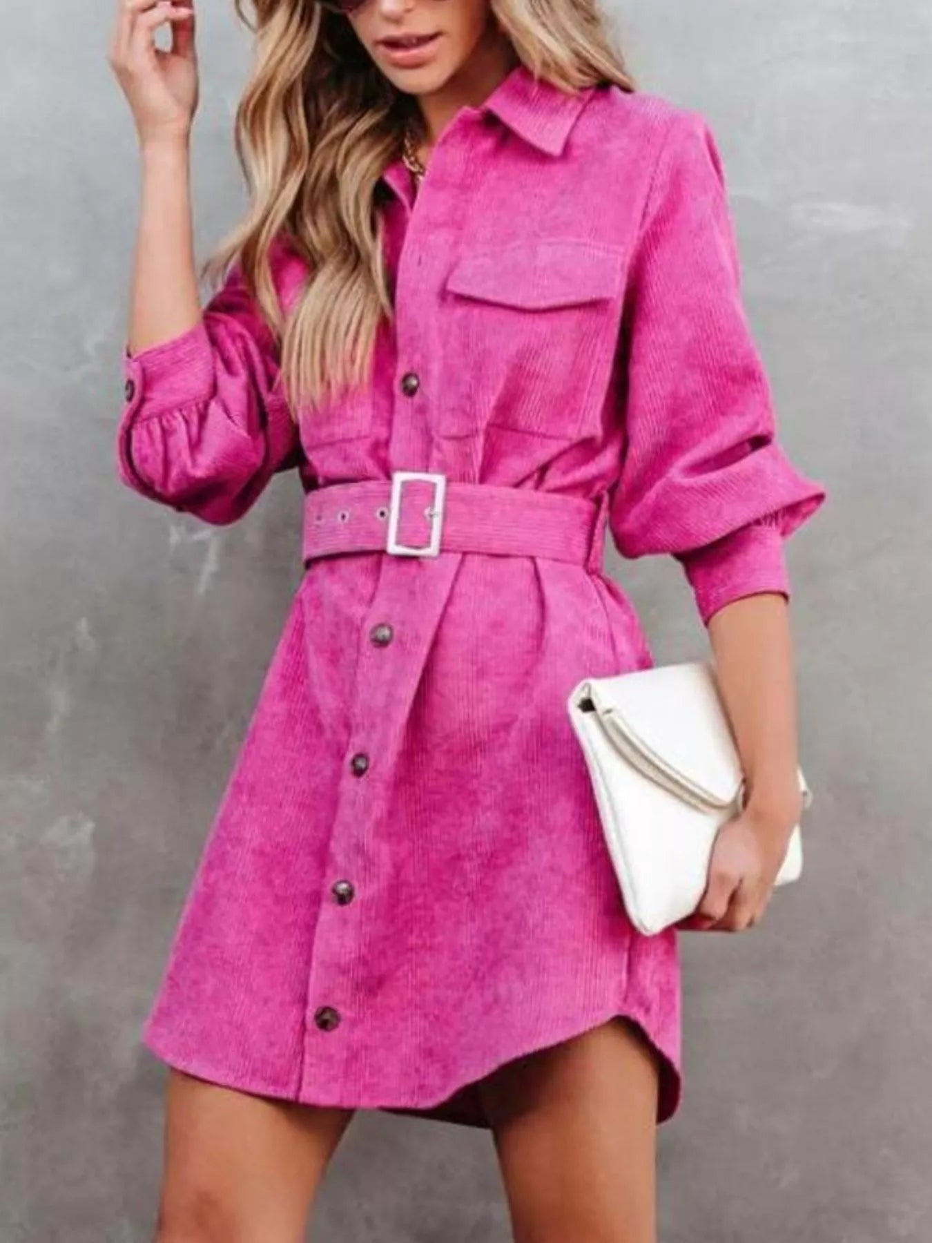 Button Front Belt Long Sleeve Corduroy Dress 