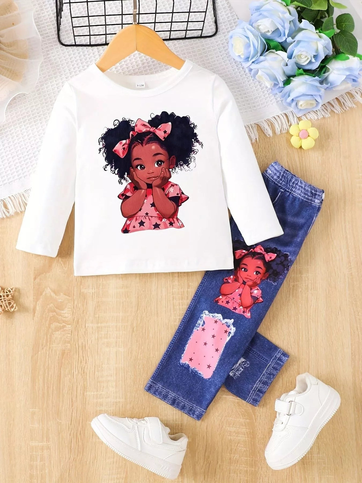 Children's Cartoon Girl Long Sleeve Top & Jeans Set 