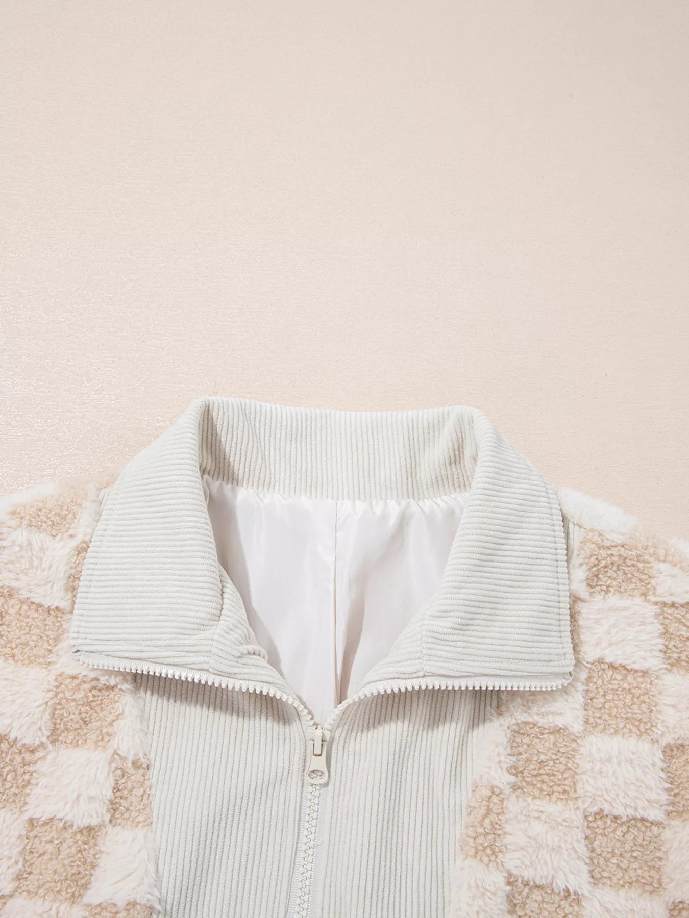 Checker Sherpa Corduroy Patchwork Zip Up Jacket 